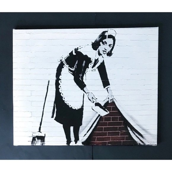 Other - Banksy Print Sweep It Under The Carpet Wood Mounted Stretched Canvas 19.5 x 15.5